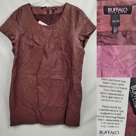 NEW XL VINTAGE FAUX LEATHER MERLOT SHORT SLEEVE David Bitten BUFFALO dress NWT - Picture 1 of 8
